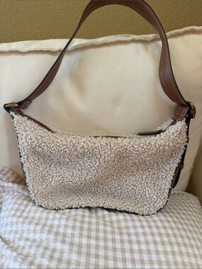 Zara Cream Sherpa Shoulder Bag with Brown Strap